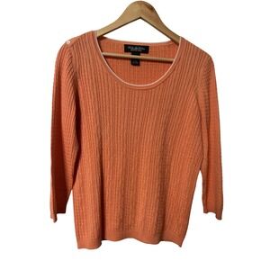 Brooks Brothers Silk Cotton Cable Knit Sweater Coral Orange‎ 3/4 Sleeve Large